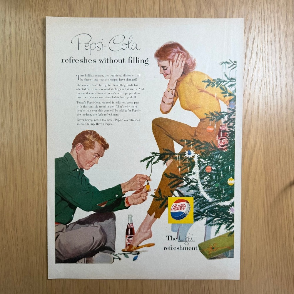 1950s Pepsi-Cola "Refreshes Without Filling" Christmas Tree Light Refreshment Ad
